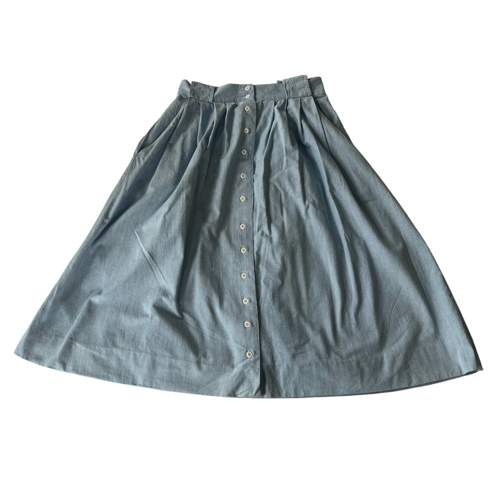 Vintage 70s Blue Chambray Button Front Midi Skirt Sz 29W Fall Western Prarie